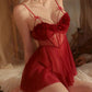 Romantic Nightgown - Sheer Mesh Elegant Short Skirt Set with Garters (Red)