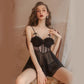 Romantic Nightgown - Sheer Mesh Elegant Short Skirt Set with Garters (Black)