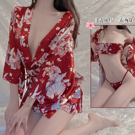 Eastern Elegance - Cherry Blossom Kimono Set (Sultry Red)