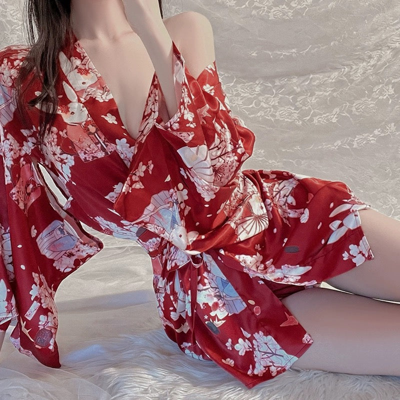 Eastern Elegance - Cherry Blossom Kimono Set (Sultry Red)