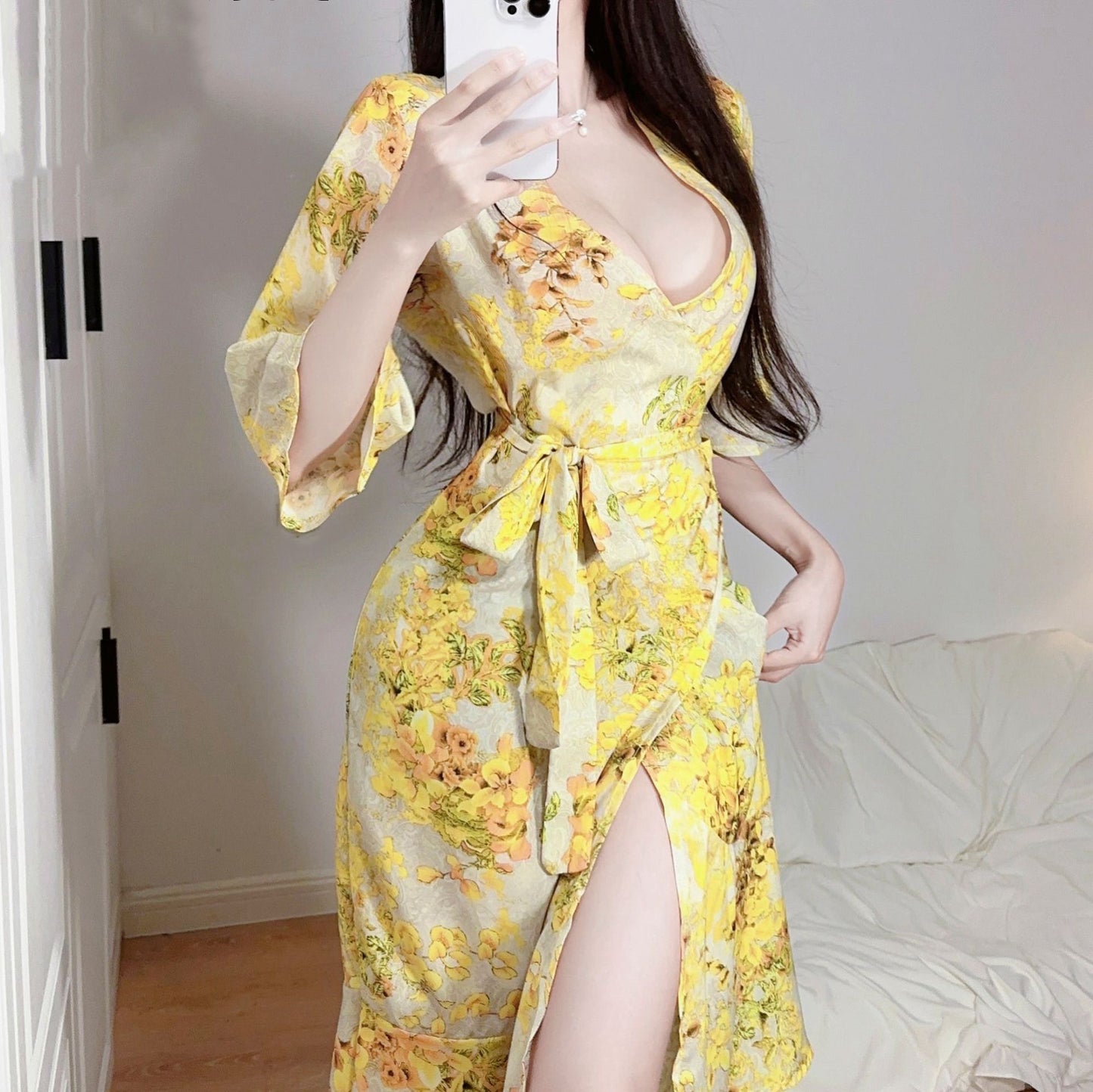 Sexy Goddess - Romantic Yellow Floral Wrap Dress