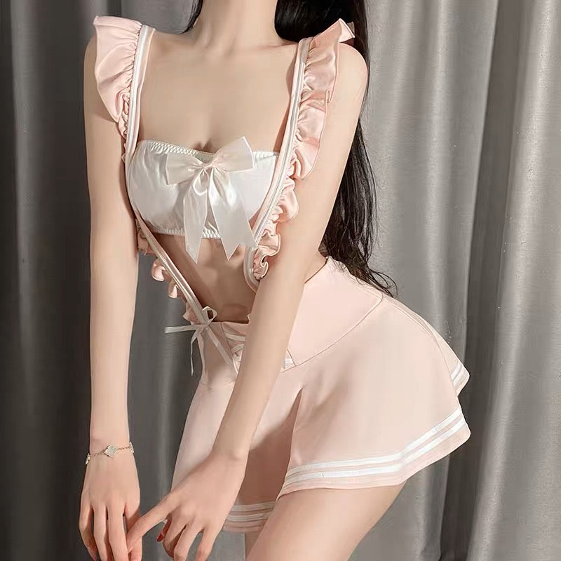 Sweet Surrender - Strap Top Hollow Bowknot School Style Set