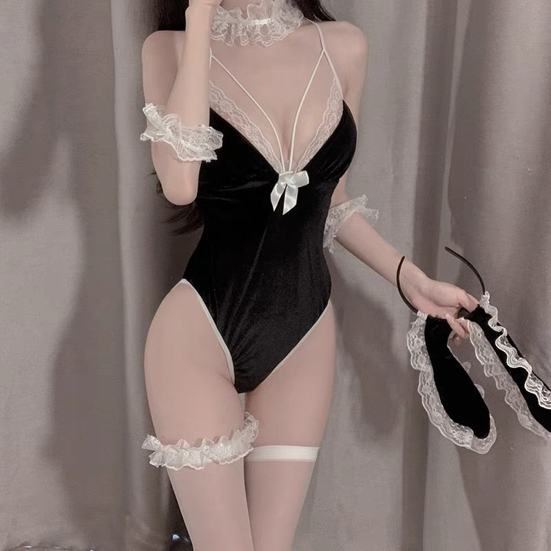 Uniform Temptation - Black Velvet Bunny Girl Jumpsuit